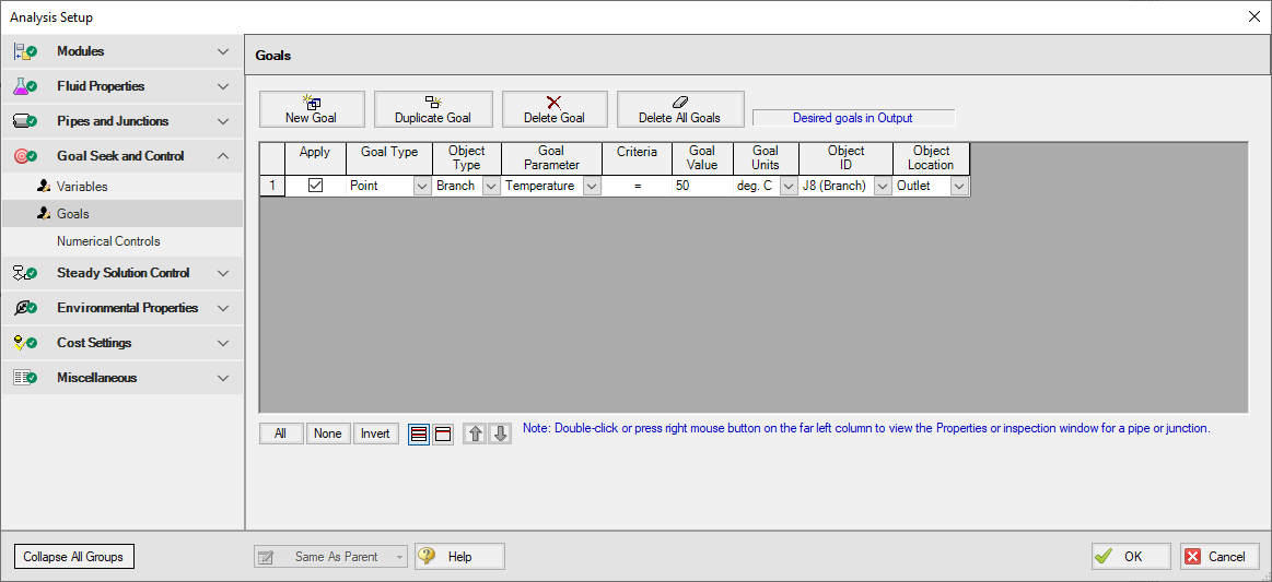 The Goals tab of the Goal Seek and Control Manager with a goal defined.